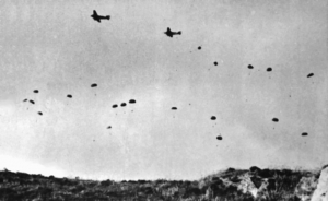 German paratroopers jumping From Ju 52s over Crete
