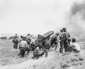 A British 60 pounder battery in action at Cape Helles