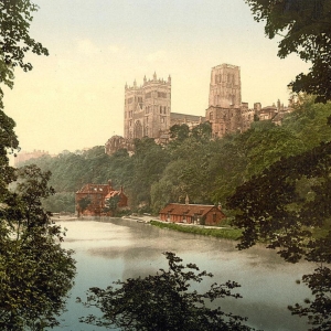 Old illustration of Durham cathedral by the river Wear